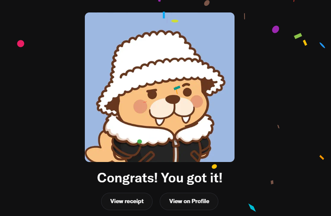 A digital congratulatory screen displays a cartoon fluffy animal mascot with the text 'Congrats! You got it!' and buttons for 'View receipt' and 'View on Profile' amid falling confetti.