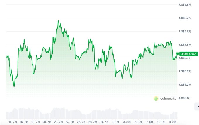 A CoinGecko line chart showing cryptocurrency price fluctuations in US dollars, ranging from approximately $6.17 to $6.87 over a period from July 14 to August 11, with the current price displayed at US$6.428.