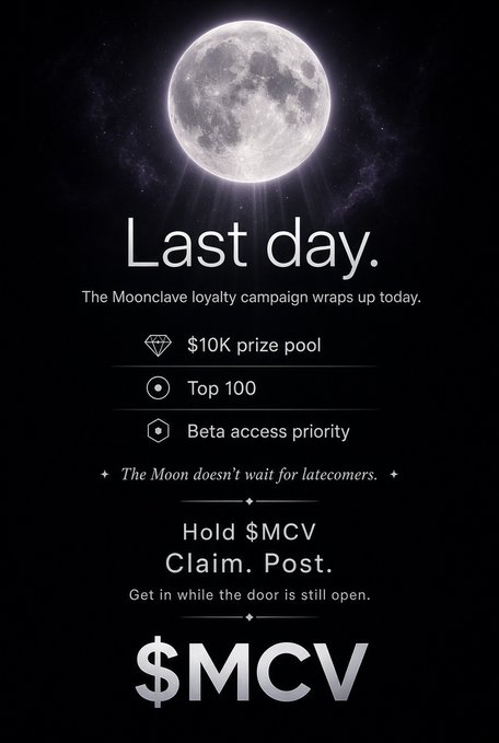 A dark promotional poster features a large full moon and text reading 'Last day. The Moonclave loyalty campaign wraps up today,' listing a '$10K prize pool,' 'Top 100,' and 'Beta access priority,' with '$MCV' branding at the bottom.