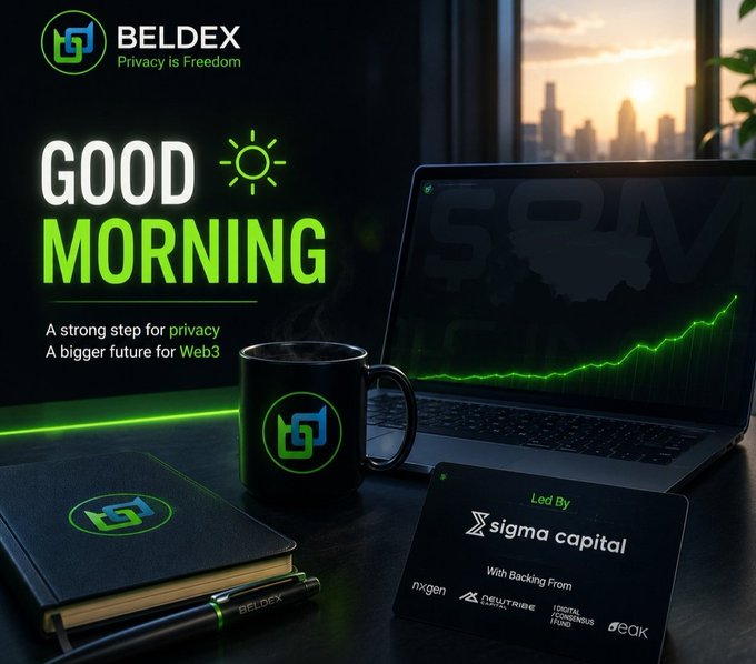A Beldex cryptocurrency promotional graphic reads 'GOOD MORNING' with the tagline 'A strong step for privacy, A bigger future for Web3,' featuring a laptop, coffee mug, notebook, and a card noting it's 'Led By Sigma Capital' with backing from NXGen, Newtribe, Digital Fortress Fund, and Peak.