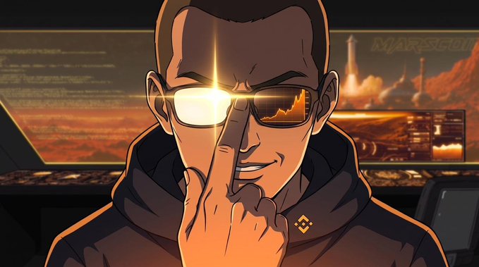 A stylized animated man adjusts his glasses, with a glowing reflection of a rising chart visible in the lens, set against a futuristic Mars landscape backdrop displaying "MARSCOIN" — visually reinforcing the post's message about the inevitable rise of $MarsCoin.