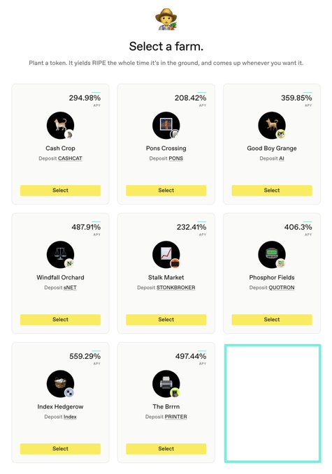 The image displays a "Select a farm" interface for $RIPE tokens on RH Chain, showing 8 existing farming communities with their respective APY rates: $CASHCAT (294.98%), $PONS (208.42%), $AI (359.85%), $NET (487.91%), $STONKBROKER (232.41%), $QUOTRON (406.3%), $INDEX (559.29%), and $PRINTER (497.44%), with an empty highlighted slot awaiting a 9th community selection. The illustration visually supports the post's announcement that 8 communities are farming $RIPE and the platform is opening a 9th farming spot for community voting.