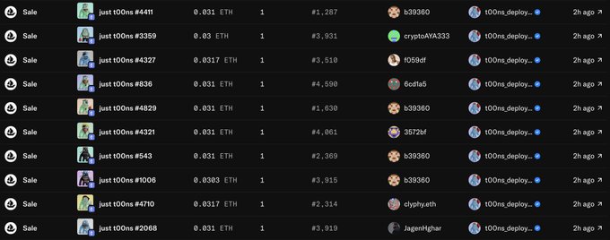 A screenshot from OpenSea showing a list of recent "Just 100ns" NFT sales, with prices ranging from 0.03 to 0.831 ETH and various buyers including b39380, cryptoKYA333, KOSdrf, and clyphy.eth, all occurring 2 hours ago. The image illustrates the ongoing buying activity of "Just 100ns" NFTs mentioned in the post about the community's continued purchasing despite frequent token burns.