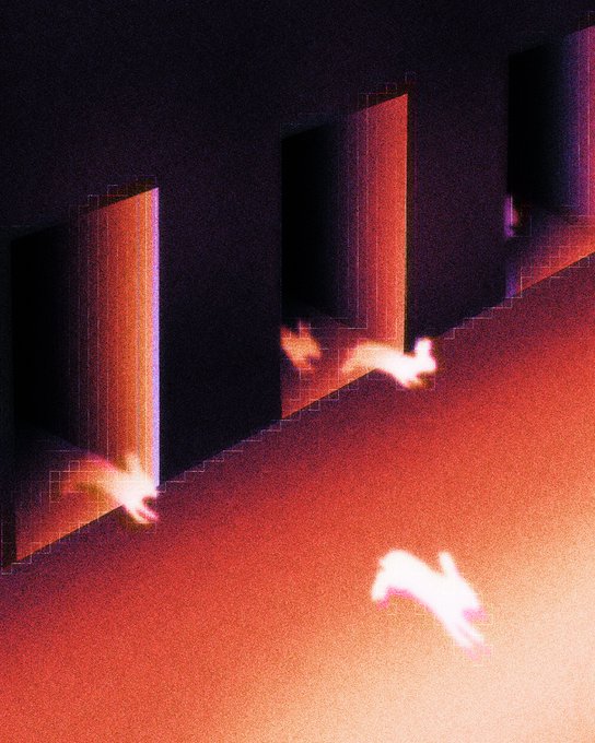 A dark, grainy digital illustration showing shadowy rectangular doorways or windows glowing with reddish light, with small white figures floating or running in a reddish-orange haze.