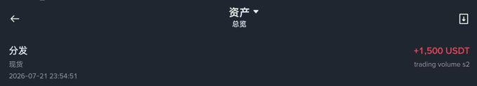 A dark financial app screenshot in Chinese showing an asset summary with a distribution (+1,500 USDT) and trading volume dated 2026-07-21.