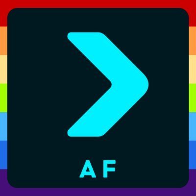App icon featuring a teal right-pointing chevron on a dark background with rainbow stripes, labeled 'AF'.