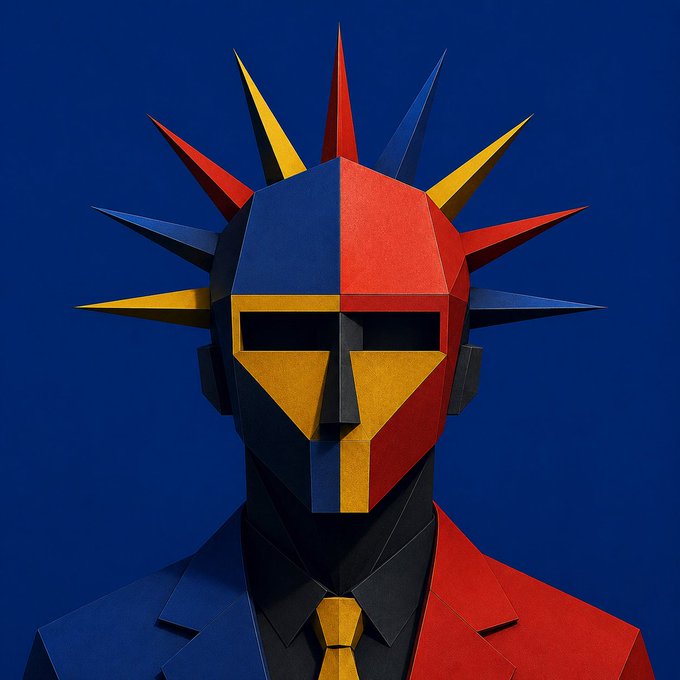 A geometric, low-poly 3D bust of a figure with spiked hair and a suit, colored in contrasting blocks of blue, red, yellow, and black against a dark blue background.