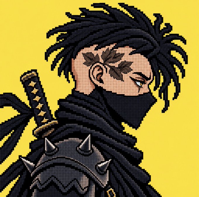 Pixel art of a ninja-like character with dreadlocks, a face mask, a leaf tattoo on the side of his head, and a katana strapped to his back against a yellow background.