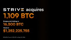 The image shows a black background with white text that reads "STRIVE Acquires 1,109 BTC", followed by a list of numbers representing the value of the acquired Bitcoin. The text also includes the names of some cryptocurrency exchanges where the acquired Bitcoin can be listed for sale or exchange.