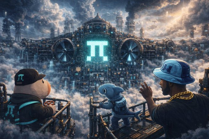 A fantastical, steampunk-style illustration showing a bear in a 'TT' cap, a small creature, and a man in a blue cap looking out over a cloudy expanse at a massive mechanical structure featuring a glowing 'TT' logo.