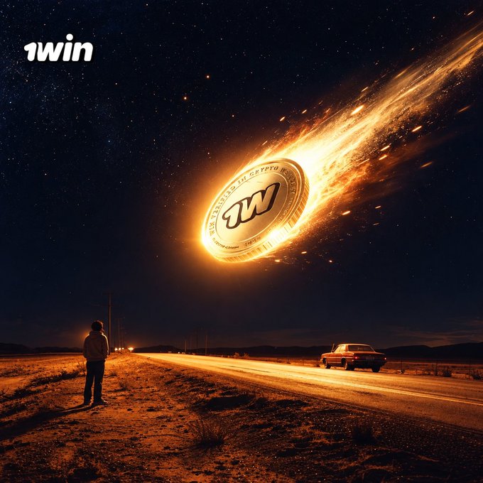 A blazing "1WIN" token streaks across a starry night sky like a comet, while a lone figure watches from a deserted roadside as a classic car speeds by below. The fiery descent visually mirrors the post's message of $1WIN crashing through the bear market—untouched, unstoppable, and ready to launch on Solana with its fixed 1B supply.