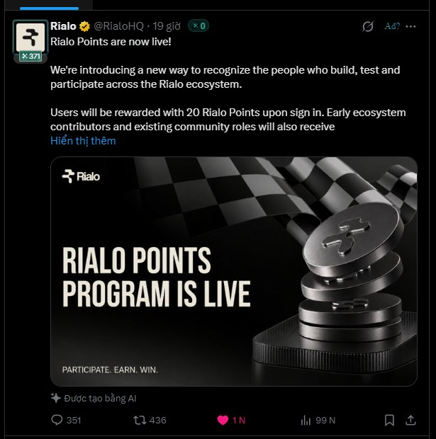 A Twitter/X post from @RialoHQ announcing 'Rialo Points are now live!', featuring a black-and-white graphic with stacked coins and a checkered flag, stating 'RIALO POINTS PROGRAM IS LIVE'.