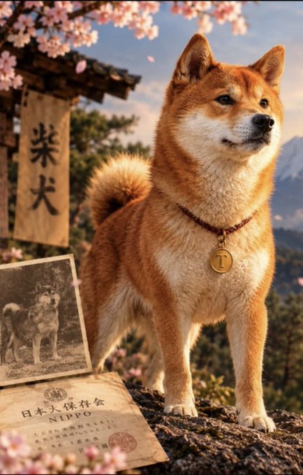A Shiba Inu dog stands on a rocky surface wearing a red beaded necklace with a gold tag. Beside it is a vintage photograph of a dog, Japanese text, and cherry blossoms in the background.