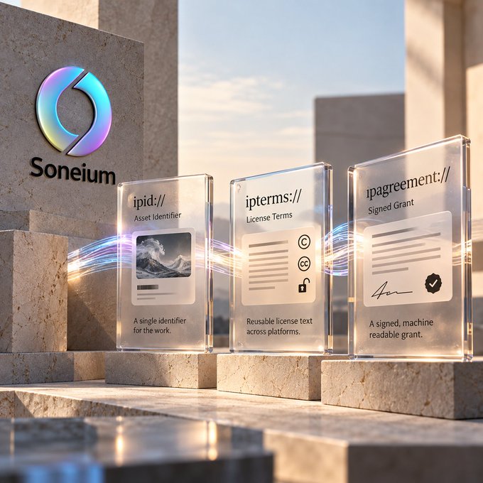 A 3D rendering displays the 'Soneium' logo on a concrete wall alongside three transparent digital panels labeled 'ipid:// Asset Identifier', 'ipterms:// License Terms', and 'ipagreement:// Signed Grant'.
