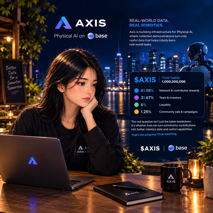 A promotional advertisement for '$AXIS' token on Base network, describing it as 'Physical AI on Base' with a fixed supply of 1,000,000,000 tokens, featuring a woman working on a laptop at night.