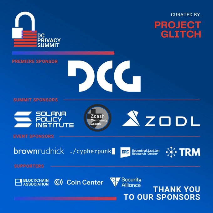 A sponsor graphic for the DC Privacy Summit lists premiere sponsor DCG, summit sponsors Solana Policy Institute, Zcash Community Grants, and ZODL, alongside event sponsors and supporters like Brown Rudnick, Cypherpunk, TRM, Blockchain Association, Coin Center, and Security Alliance.