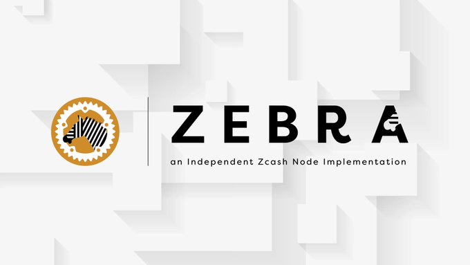 A logo graphic featuring a circular emblem with a zebra head next to the text 'ZEBRA' and 'an Independent Zcash Node Implementation' on a background of layered white squares.