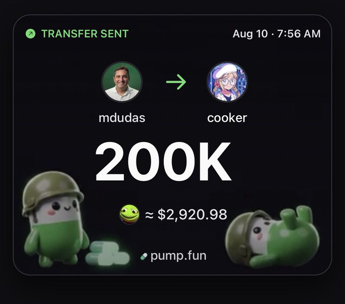 A digital transfer receipt shows "TRANSFER SENT" on Aug 10 at 7:56 AM, with 200K 🐸 emojis (~$2,920.98) sent from mdudas to cooker via pump.fun, reflecting the $TOAD token tip mentioned in the post.