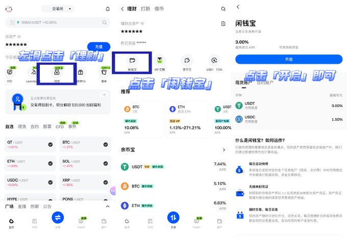 A series of three screenshots from a cryptocurrency trading app with Chinese annotations ('理财' meaning finance, '点击闲置宝' meaning click Idle Treasure, '点击开启即可' meaning click to open), showing options to invest in assets like BTC, ETH, and stablecoins.