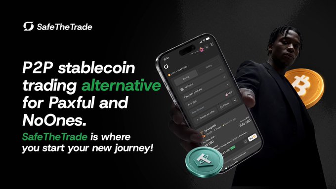 An advertisement for 'SafeTheTrade' promoting itself as a 'P2P stablecoin trading alternative for Paxful and NoOnes,' featuring a person holding a smartphone displaying the app interface alongside cryptocurrency coin graphics.