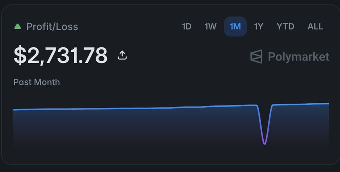 A dark-themed screenshot showing a Profit/Loss chart of $2,731.78 over the past month on Polymarket, with a 1M timeframe selected and a notable dip in the line graph.