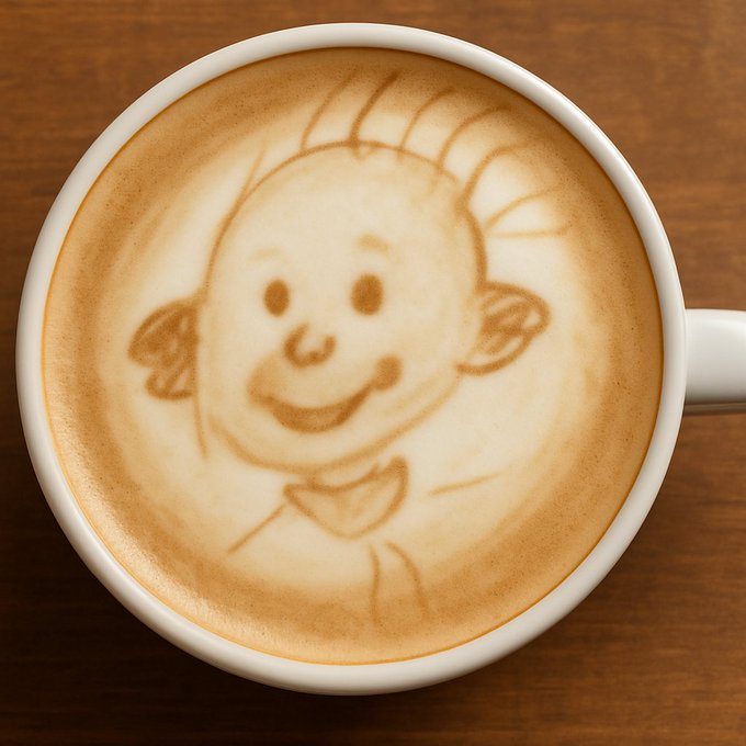 Latte art in a white ceramic cup features a smiling cartoon character with spiky hair, drawn into the foam on a wooden surface.
