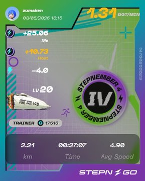 The image shows a fitness tracking app with a purple background, displaying information about a runner's progress. The runner has completed 2.21 kilometers at an average speed of 4.9 km/h over the past hour. There are also other details such as the time and location where the run took place.