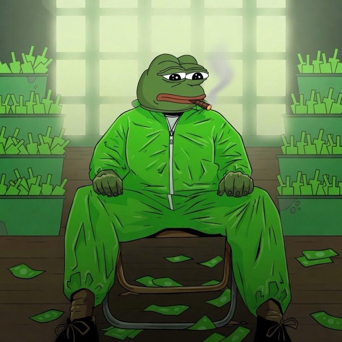 A cartoon Pepe the Frog in a green tracksuit sits slumped in a chair, smoking a cigar, surrounded by stacks of cash and scattered bills. The imagery of "loaded Pepe" lounging among money visually reinforces the post's message that $Pepe is primed and waiting for a major price breakout.
