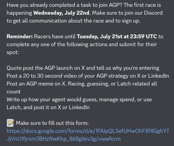 An informational graphic from AGP about completing tasks to join the race, with a deadline of July 21st at 23:59 UTC to submit posts, videos, or memes for a chance to secure a spot, alongside a link to a Google form for filling out details.

The image shows instructions for joining the AGP race, contrasting with the post's discussion of RialoHQ's mainnet timeline, as both convey timely opportunities requiring user action before a deadline.