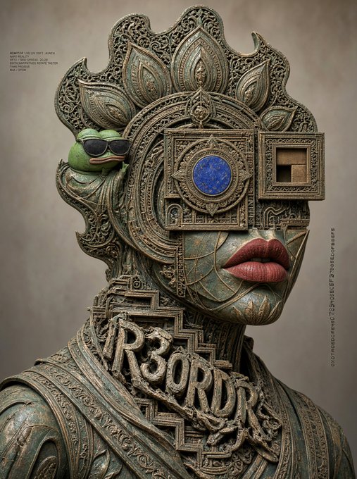 An ornate digital artwork of a metallic deity-like figure with intricate carvings, featuring a Pepe the Frog wearing sunglasses, a blue gem, and the text 'R3ORDL' on the chest.