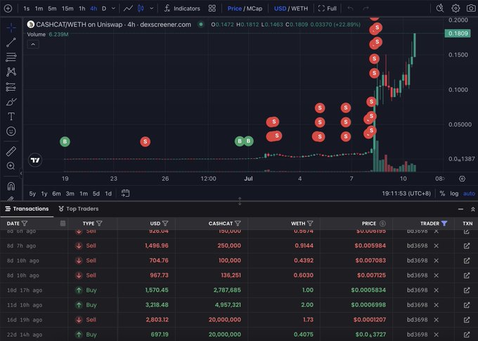 The image shows a 4-hour Uniswap price chart for CASH.CAT/WETH with numerous sell signals, alongside a transaction log where trader "bd3698" sold 20M CASHCAT for $2,803 and later bought back smaller amounts at higher prices ($3.18–$1.57) on DEX Screener. This directly illustrates the story of the trader's early $2,803 exit on CASHCAT, missing the token's subsequent rally to roughly $0.18 (a multi-bag gain), while highlighting the on-chain sell transactions that locked in that initial profit before the price surge.
