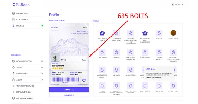 A BitRobot profile dashboard shows a user with 635 BOLTS, with a red arrow pointing to the number and various locked badges displayed on the page.