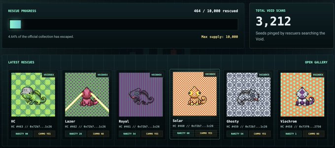A dark-themed digital dashboard showing 'RESCUE PROGRESS' for Voids, with a progress bar at '464 / 10,000 rescued' and 'TOTAL VOID SCANS 3,212', along with 'LATEST RESCUES' displaying 8-bit style creature cards labeled HC, Laser, Royal, Solar, Ghost, and Wishram.
