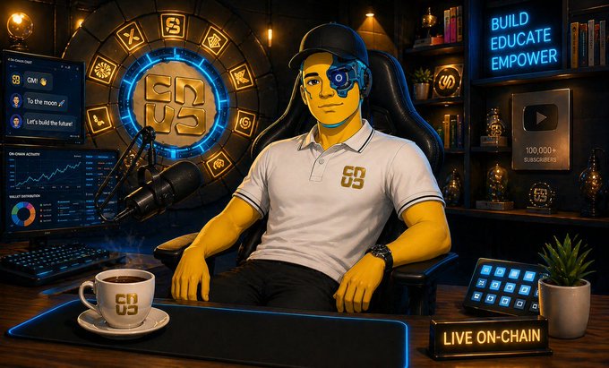 A yellow-skinned avatar wearing a cap and a "69" polo shirt sits in a high-tech streaming studio, with neon signs reading "BUILD EDUCATE EMPOWER," a "100,000+ SUBSCRIBERS" YouTube plaque, and a "LIVE ON-CHAIN" desk display.

The image visually reinforces the post's theme of blockchain evolution from passive ledgers to reactive infrastructure, presenting the speaker as an active broadcaster promoting on-chain engagement and education.