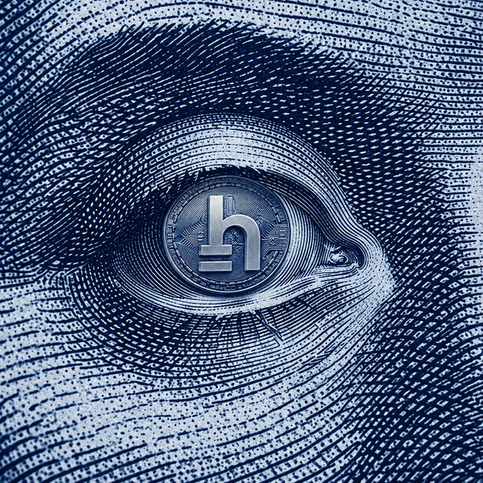 A digitally-rendered blue-tinted close-up of a digital fingerprint swirling around a coin bearing the Hedera (HBAR) logo, with binary code patterns in the background.
