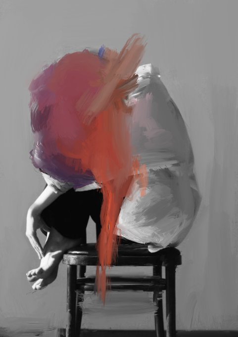 Abstract digital painting of a figure curled up on a small stool, obscured by thick, expressive brushstrokes of red, purple, and gray paint against a neutral background.