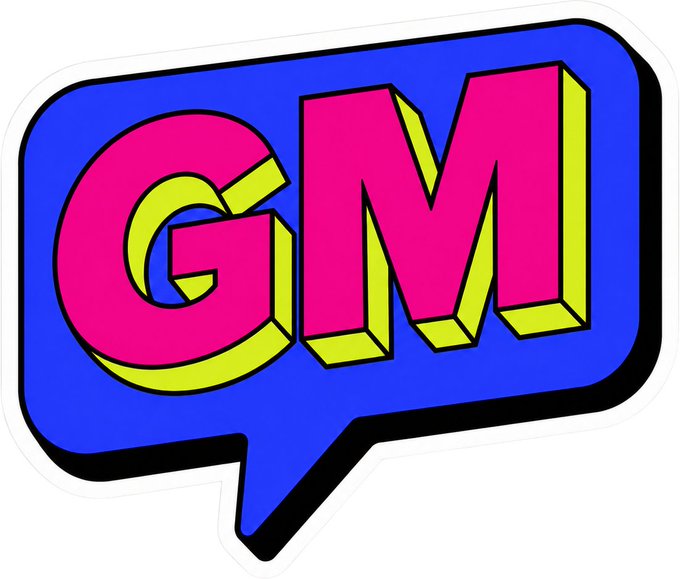 A vibrant, retro-style sticker features the bold pink letters "GM" with a 3D effect, set against a blue speech bubble background with a thick black outline.