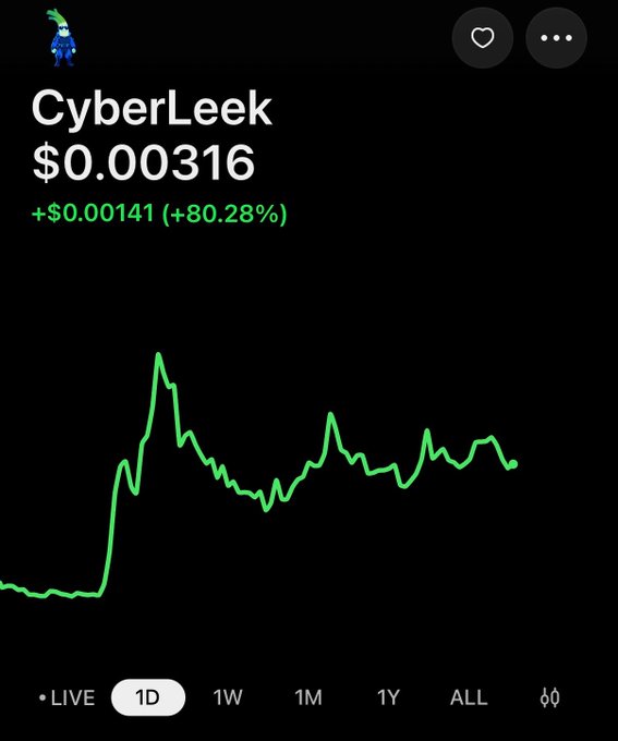 A financial chart showing the price of 'CyberLeek' at $0.00316, up +$0.00141 (+80.28%) over a 1D timeframe, displayed with a green line graph on a black background.