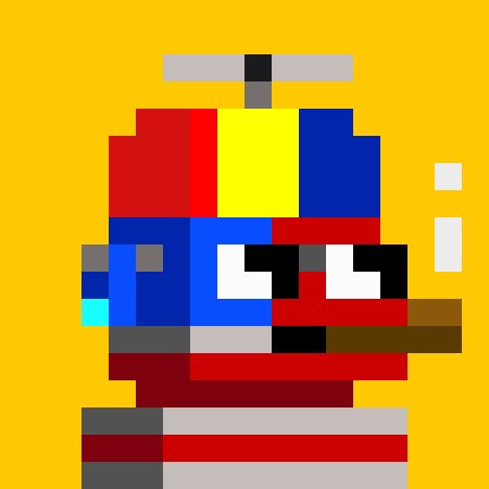 Pixel art depicting a stylized character in a red, blue, and yellow helmet with sunglasses, set against a solid yellow background.