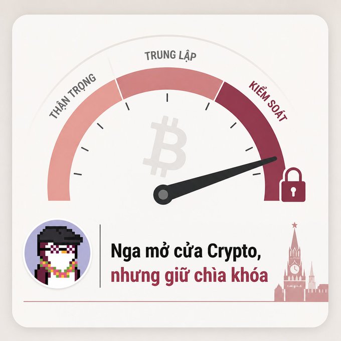 A Vietnamese-language crypto gauge graphic showing a meter pointing toward 'KIỂM SOÁT' (Control) with a lock icon and Bitcoin symbol, captioned 'Nga mở cửa Crypto, nhưng giữ chìa khóa' (Russia opens Crypto door, but holds the key).