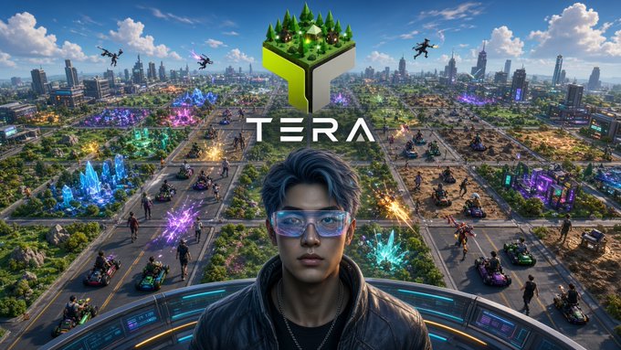 A futuristic TERA promotional image shows a city battlefield filled with characters and vehicles beneath the large white “TERA” logo.