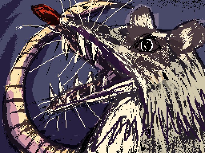 A pixel art illustration features a gray possum with a large eye and bushy tail alongside a circular emblem depicting a sharp arrow piercing through, with the artwork itself being the "Angry Possum" piece referenced in the post.