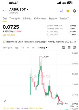 A Binance price chart shows the ARB/USDT pair trading at $0.0725, down 2.95% over 24 hours, with a recent spike to $0.3396 before falling back near its $0.0725 low—visually illustrating the post's claim that ARB's price has collapsed roughly 34-fold from its all-time high of $2.425 to around $0.70, wiping out investor capital.