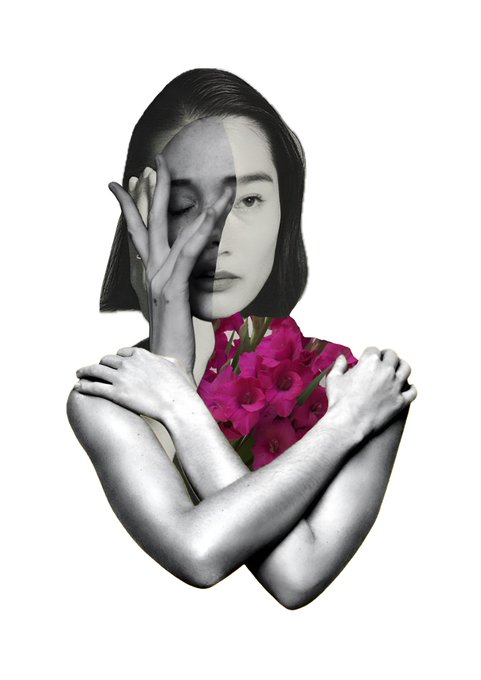 Artistic black and white portrait of a woman with arms crossed, featuring a color photograph of pink flowers replacing part of her torso in a collage style.