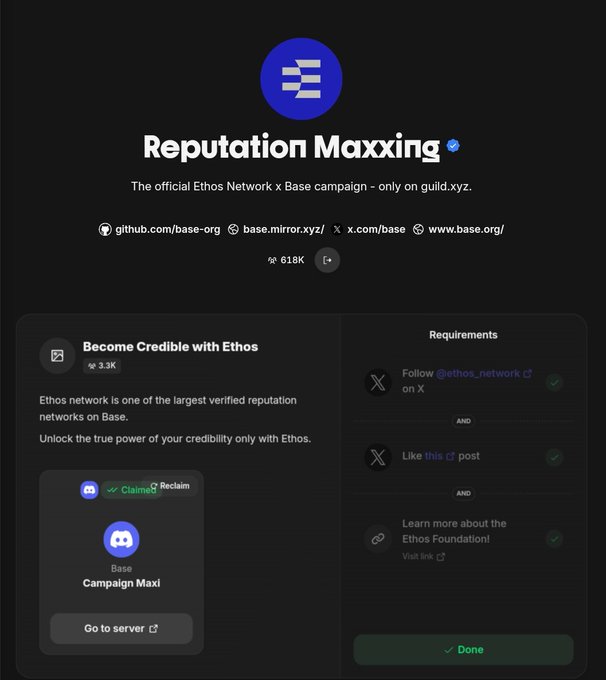 A screenshot of a 'Reputation Maxxing' page on guild.xyz for Base, showing completion of requirements to follow @ethos_network on X, like a post, and learn about the Ethos Foundation.