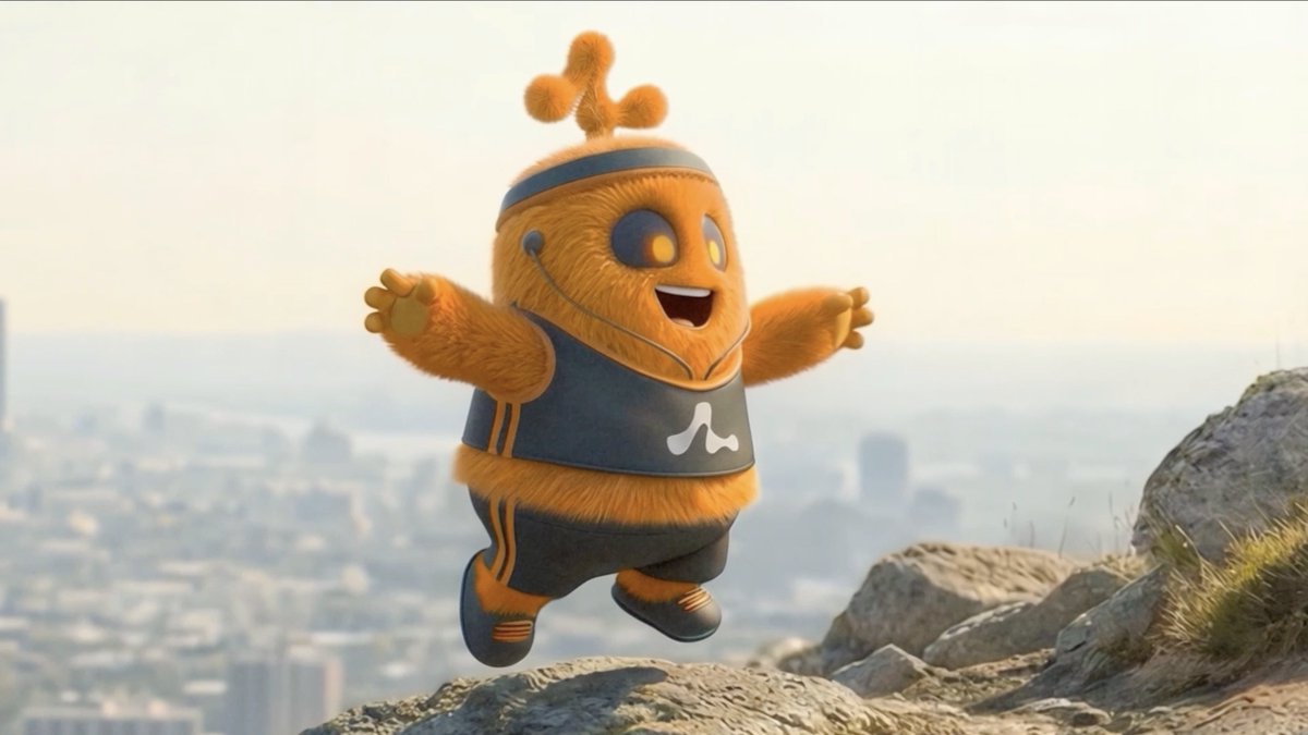 The image features a large orange character with a blue shirt and white stripes jumping into the air while holding onto its arms. The character appears to be running or leaping off a cliff, creating an exciting and dynamic scene. In the background, there is a city skyline visible through the clouds, adding depth and context to the image. The post that accompanies this image reads: "Always running in the background. @Aptos, accelerated by Aptos Labs." This suggests that the character might be related to or inspired by the company Aptos, which could be an element of their branding strategy or a creative concept for the movie or advertisement featuring them.