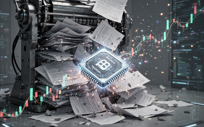The image shows a computer chip surrounded by stacks of papers, with a symbol resembling an "B" floating above it. The background appears to be stock charts or graphs depicting trends. In this context, the image might represent the relationship between technology, digital assets, and financial markets. It suggests that technology plays a significant role in changing how wealth is created, distributed, and invested today compared to traditional methods of record keeping and transactions. This change could potentially affect the way businesses operate and investors invest their capital, with both positive and negative implications for various stakeholders.