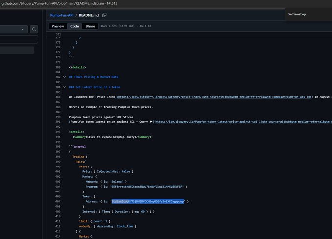 A screenshot of a GitHub README file for 'Pump-Fun-API' showing GraphQL query documentation for Token Pricing & Market Data, with a GraphiQL explorer URL highlighted in blue.