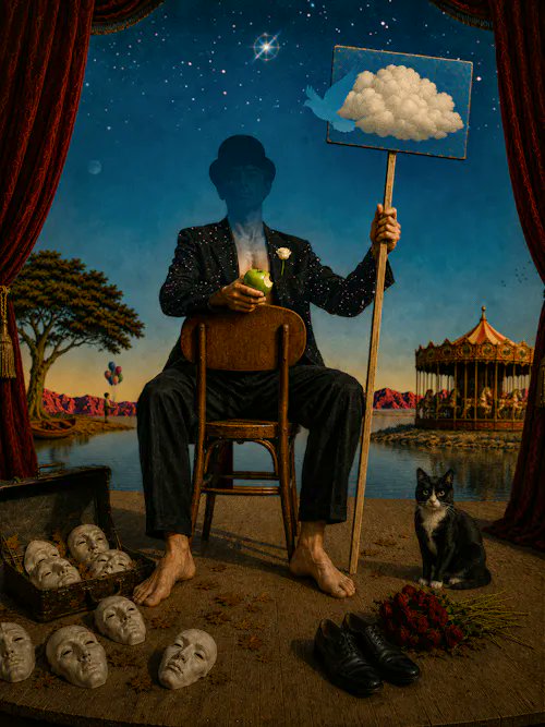 A surreal painting depicting a figure in a black suit and bowler hat with a starry face, sitting on a chair while holding a green apple and a sign with a cloud and bird, surrounded by scattered masks, a tuxedo cat, and black shoes.