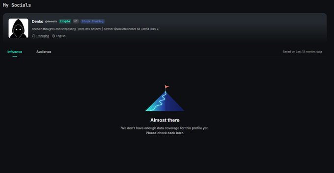 A dark-themed webpage titled 'My Socials' shows a profile for 'Denko' (@denko) listed as an AI Emerging/English influencer with a 'Stack Trading' tag, displaying an 'Almost there' message indicating insufficient data coverage.